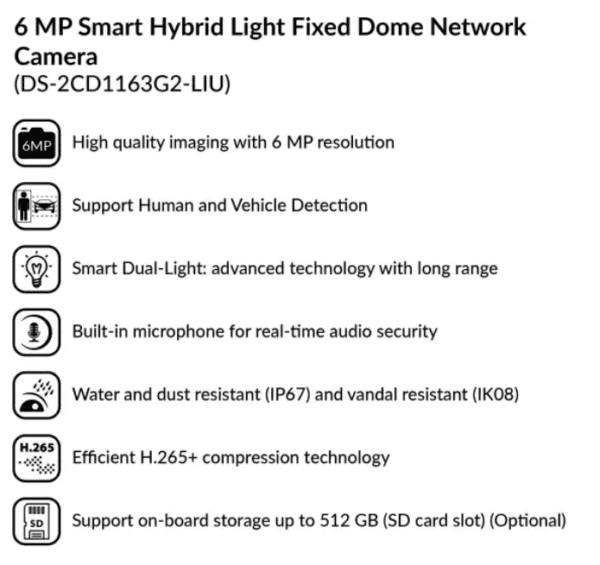 6 MP Smart Hybrid Light Fixed Dome Network Camera | DS-2CD1163G2-LIU