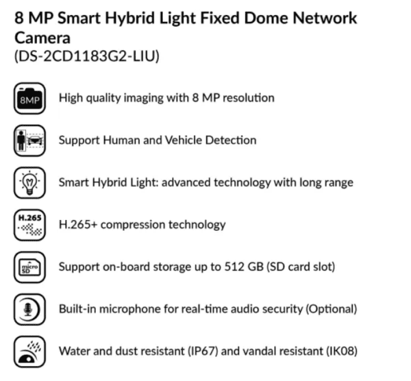 8 MP Smart Hybrid Light Fixed Dome Network Camera | DS-2CD1183G2-LIU