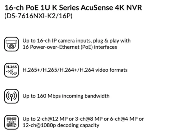 16-ch PoE 1U K Series AcuSense 4K NVR | DS-7616NXI-K2/16P