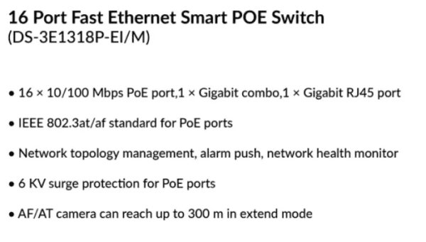16 Port Fast Ethernet Smart POE Switch | DS-3E1318P-EI/M