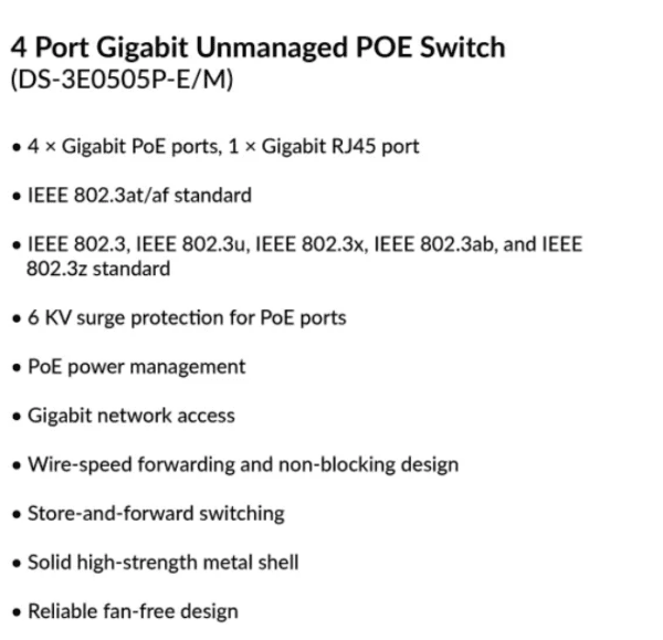 4 Port Gigabit Unmanaged POE Switch | DS-3E0505P-E/M