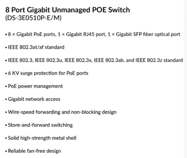 8 Port Gigabit Unmanaged POE Switch | DS-3E0510P-E/M