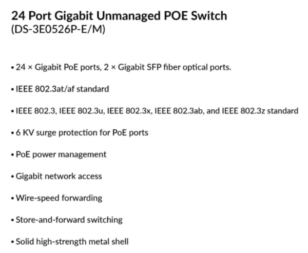 24 Port Gigabit Unmanaged POE Switch | DS-3E0526P-E/M