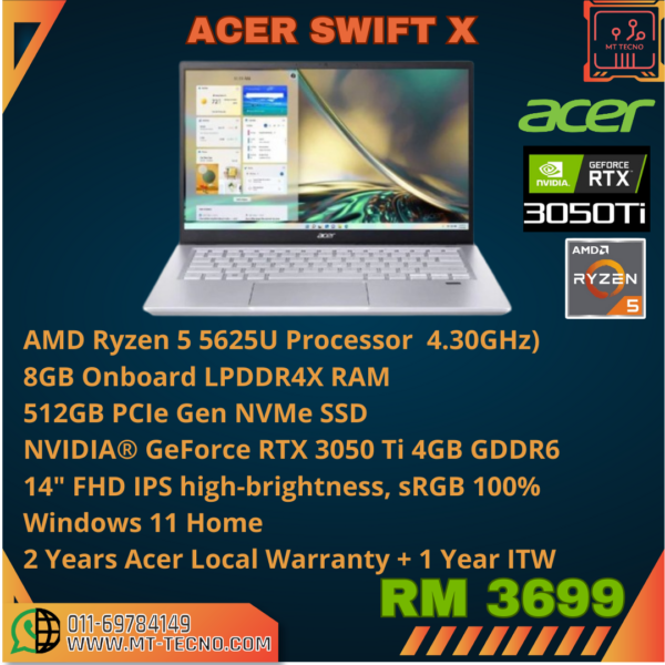 Acer Swift X SFX14 42G R4R7 14″ FHD IPS R5-5625U 8GB 512GB RTX 3050Ti W11 Laptop Mint Green